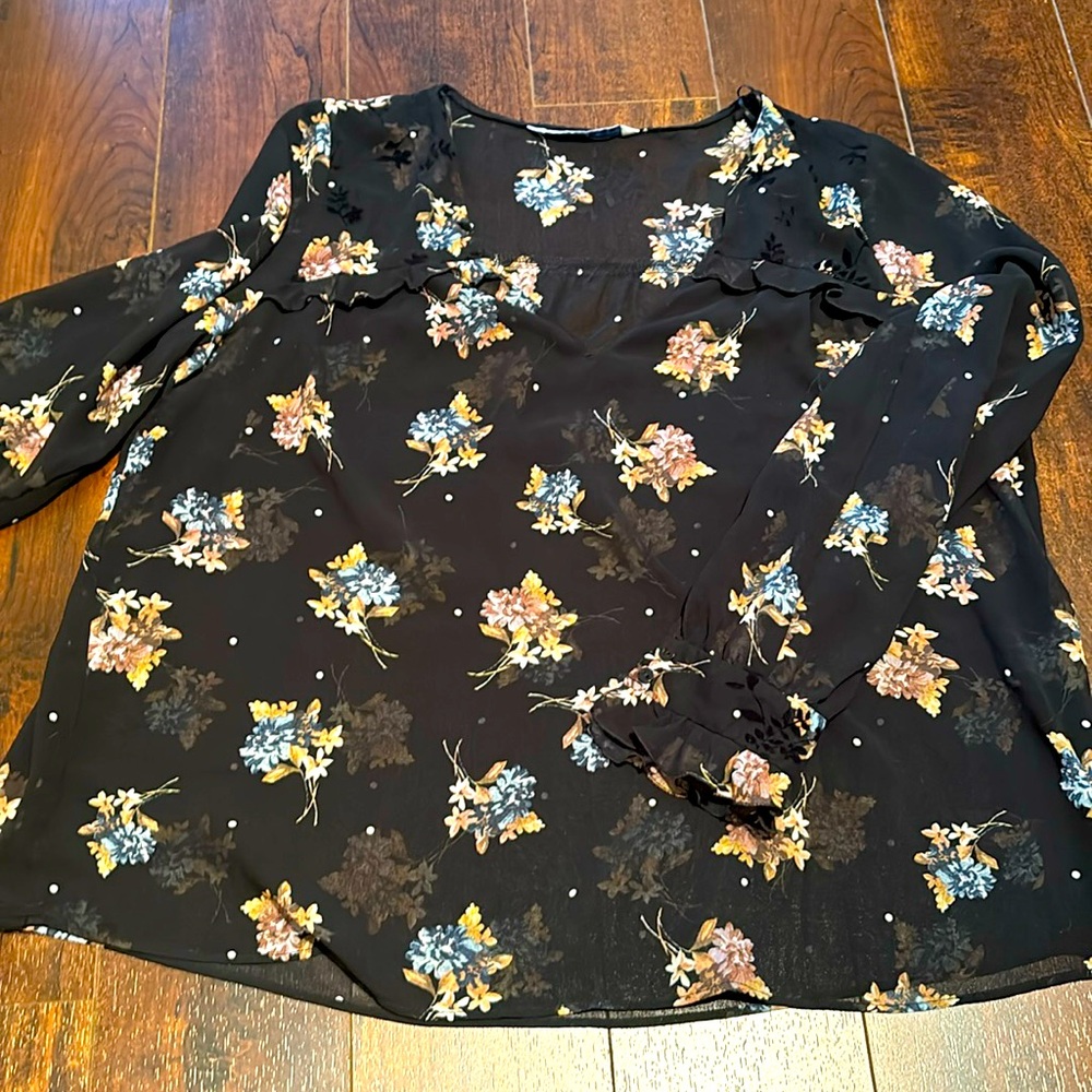 Zara Black Floral Long Sleeve Top